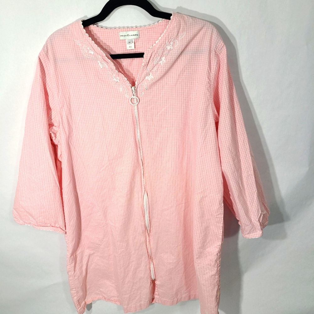 Miss Elaine Women's Size XL‎ Pink White Plaid Robe House Coat Full Zip Pockets
